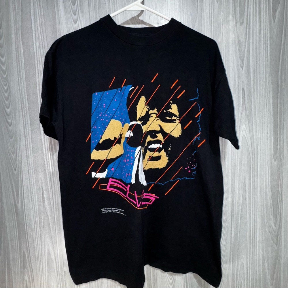 Vintage‎ 1991 Elvis Presley SSI Neon Graphic Black T-Shirt Adult Short Sleeve